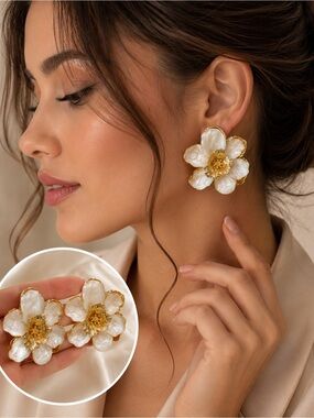 White Floral Gold Statement Earrings